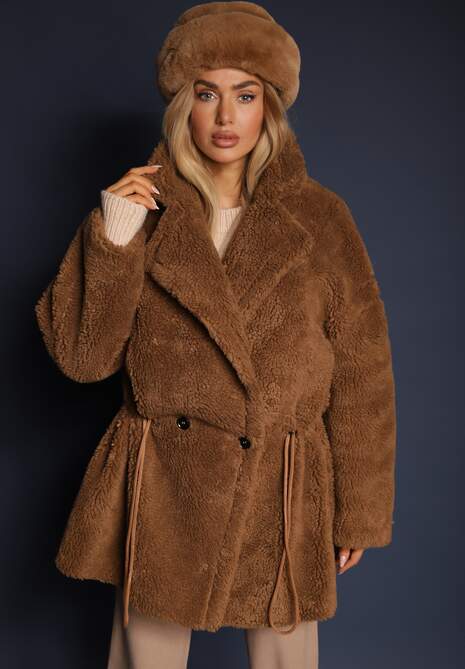 Brązowa Kurtka Futerko w Stylu Teddy Ściągane w Talii Enarithiel 7