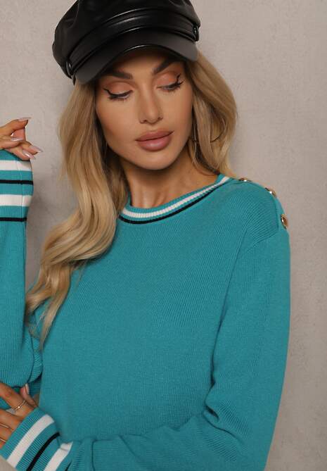 Miętowy Sweter z Wiskozą Modalem i Ozdobnymi Guzikami i Paskami Lannitia 5