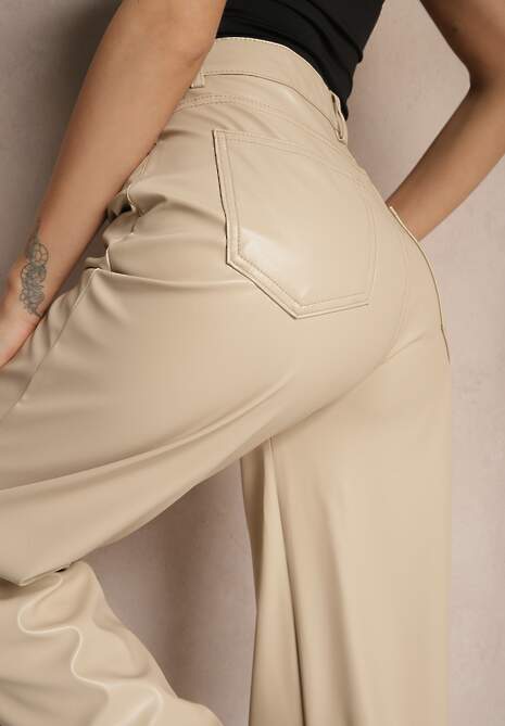 Beżowe Szerokie Spodnie High Waist z Imitacji Skóry Enawinn 5