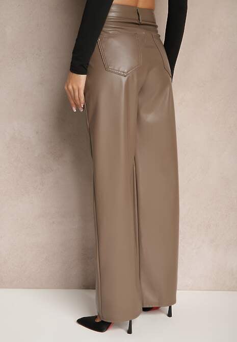 Jasnobrązowe Szerokie Spodnie High Waist z Imitacji Skóry Enawinn 6