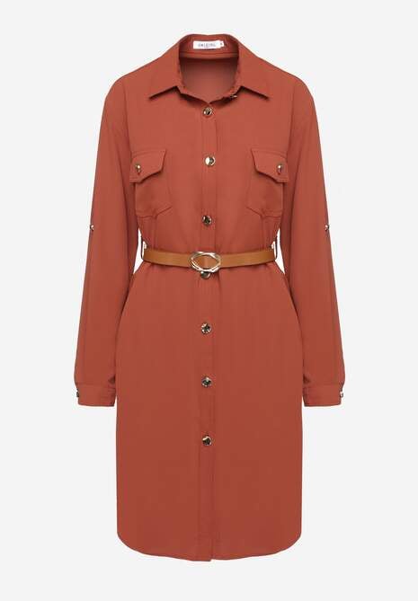 Brązowa Koszulowa Sukienka Ozdobiona Paskiem i Rękawem z Regulacją Esaviona 6