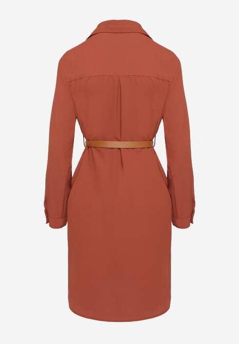 Brązowa Koszulowa Sukienka Ozdobiona Paskiem i Rękawem z Regulacją Esaviona 7