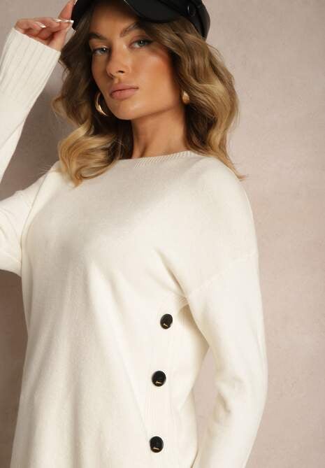 Jasnobeżowy Komplet z Wiskozą i Bawełną Szerokie Spodnie i Sweter ze Ściągaczami i Guzikami Sassizia 5