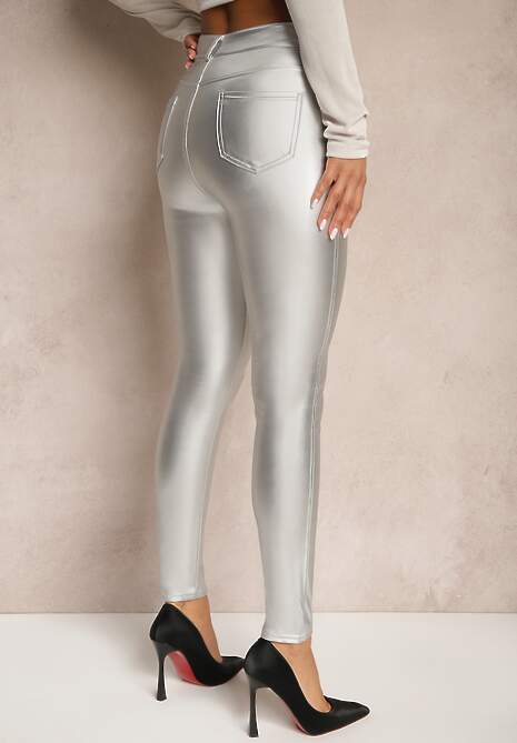 Srebrne Spodnie o Kroju Skinny z Ekoskóry Zorlemi 5