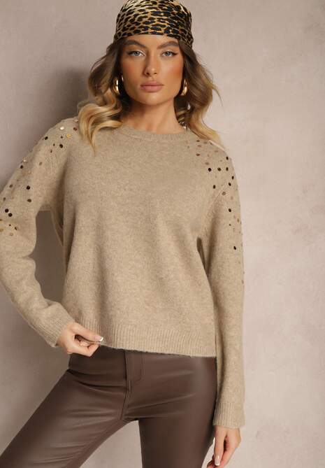 Beżowy Sweter z Bawełną i Cekinami Ceala 4