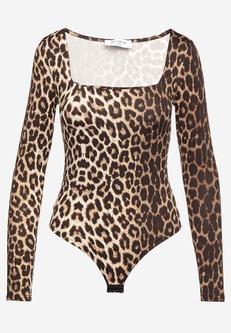 Brązowe Body w Panterkę z Kwadratowym Dekoltem i Długim Rękawem Gazzla 6