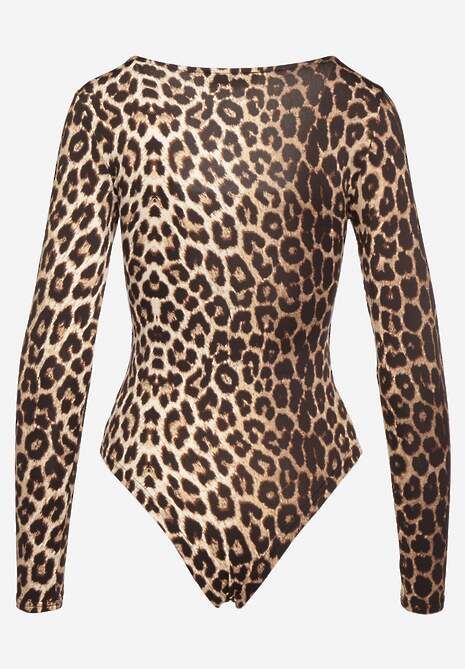 Brązowe Body w Panterkę z Kwadratowym Dekoltem i Długim Rękawem Gazzla 7