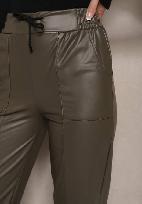 Ciemnozielone Spodnie High Waist z Imitacji Skóry ze Sznurkiem Nelionel 5
