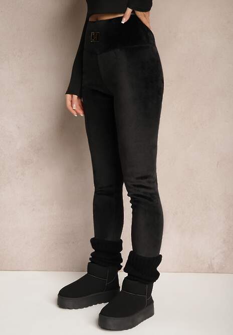 Czarne Ocieplane Legginsy High Waist z Weluru z Metaliczną Aplikacją Neliria 4