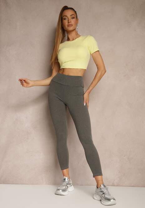 Szare Legginsy High Waist z Szeroką Gumką w Pasie Sevini