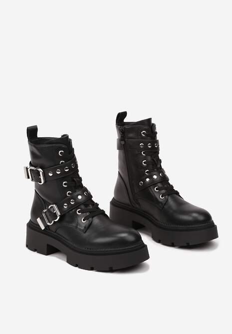 Czarne Płaskie Sznurowane Botki w Stylu Workerów Ozdobione Klamrami Esarinta 5