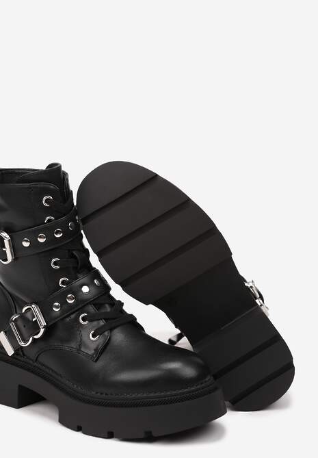 Czarne Płaskie Sznurowane Botki w Stylu Workerów Ozdobione Klamrami Esarinta 6