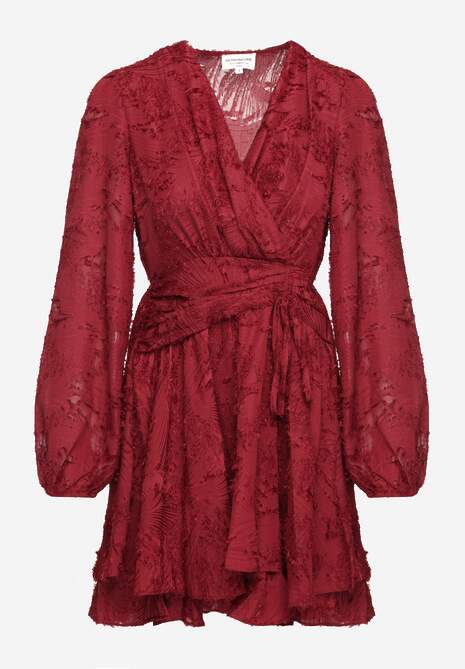 Bordowa Sukienka Koktajlowa z Modnym Marszczeniem i Nitkami Gorena 6