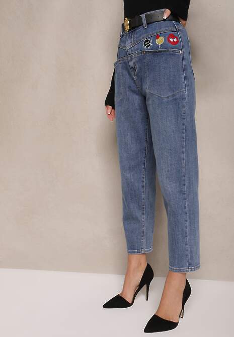 Niebieskie Jeansy Boyfriend High Waist Zdobione Naszywkami i Dodatkowym Paskiem Lyrila 4