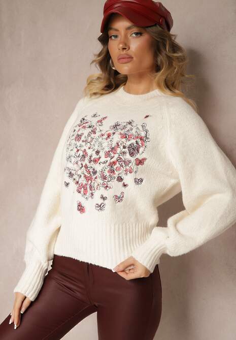 Jasnobeżowy Sweter z Bawełną i Wzorem w Motyle Galedi 5