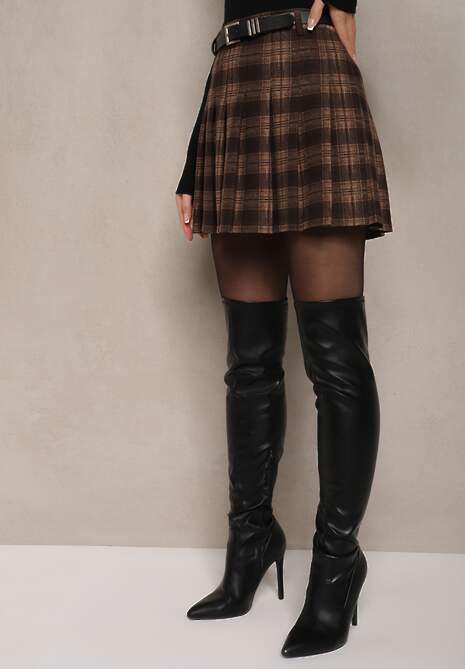 Brązowe Trapezowe Spódnico-Spodenki Plisowane z Wiskozą High Waist w Kratę z Paskiem Filiana 4