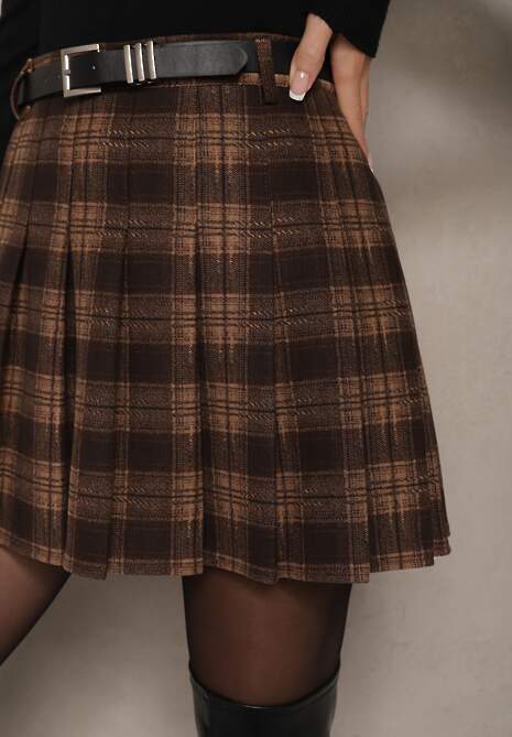Brązowe Trapezowe Spódnico-Spodenki Plisowane z Wiskozą High Waist w Kratę z Paskiem Filiana 5