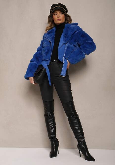 René ボレロ Granatowa Kurtka Futro z Długim Włosiem Zelita - Renee