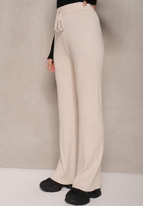 Jasnobeżowe Szerokie Spodnie z Bawełną High Waist Emarisa 4