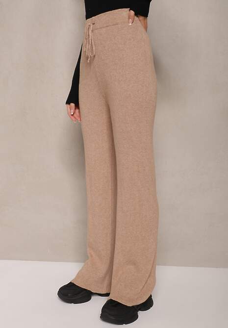 Ciemnobeżowe Szerokie Spodnie z Bawełną High Waist Emarisa 4