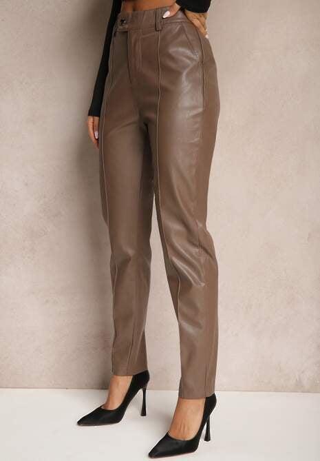 Brązowe Spodnie o Kroju Slim High Waist z Imitacji Skóry Iritharia 4