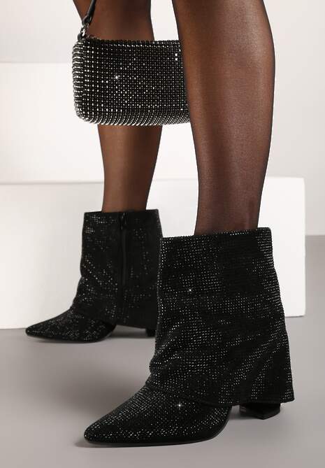 Czarne Eleganckie Botki z Cyrkoniami na Wywiniętej Cholewce Emiviraea