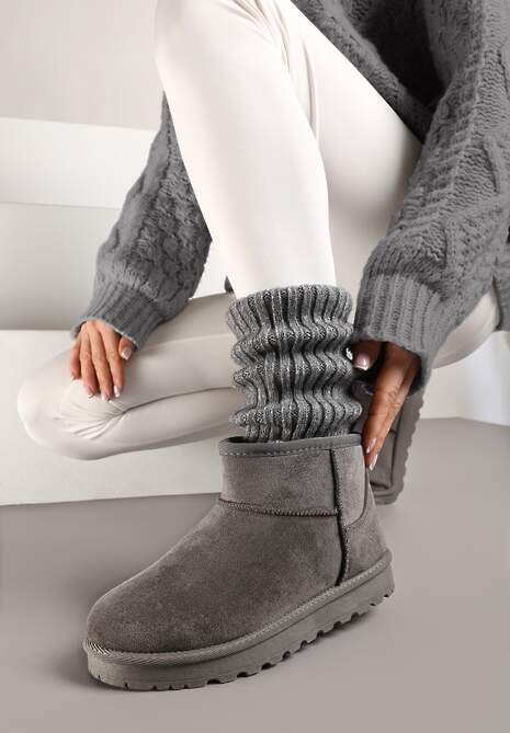 Szare Casualowe Ocieplane Śniegowce na Płaskiej Podeszwie Emelunetta
