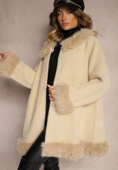 Beżowy Płaszcz Rozkloszowany z Wełną i Wiskozą z Futerkiem i Odpinanym Kołnierzem Pesalttia 4