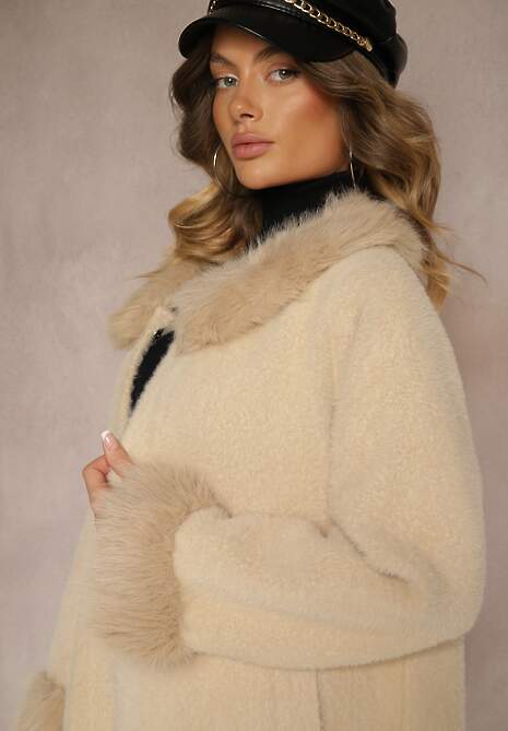 Beżowy Płaszcz Rozkloszowany z Wełną i Wiskozą z Futerkiem i Odpinanym Kołnierzem Pesalttia 5