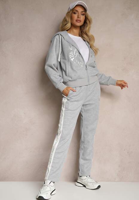 Szary Komplet Dresowy Spodnie Ozdobione Napisami Bluza na Suwak z Kapturem Semiraella