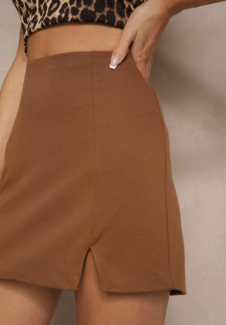 Brązowa Spódnica z Wiskozą High Waist Ozdobiona Rozcięciem Delonis 5
