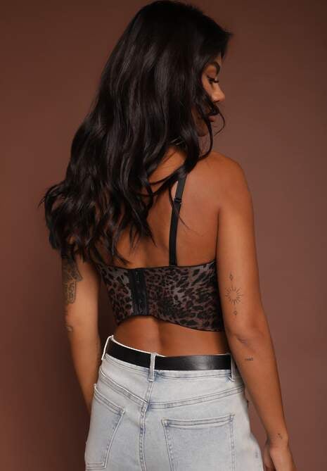 Brązowy Przezroczysty Gorsetowy Top Panterkowy z Usztywnionymi Miseczkami Temilore 7