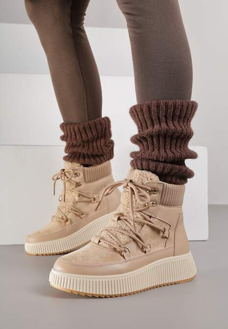 Ciemnobeżowe Śniegowce Trapery Vices na Płaskiej Podeszwie z Futerkiem w Stylu Baranka ze Sznurowaniem Temirits 4