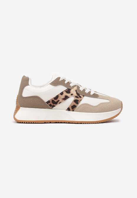 Beżowo-Białe Sneakersy na Płaskiej Podeszwie z Geometryczną Wstawką w Panterkę Sewla 4