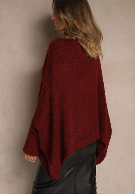 Bordowy Luźny Sweter Dzianinowy w Stylu Ponczo Nattava 5
