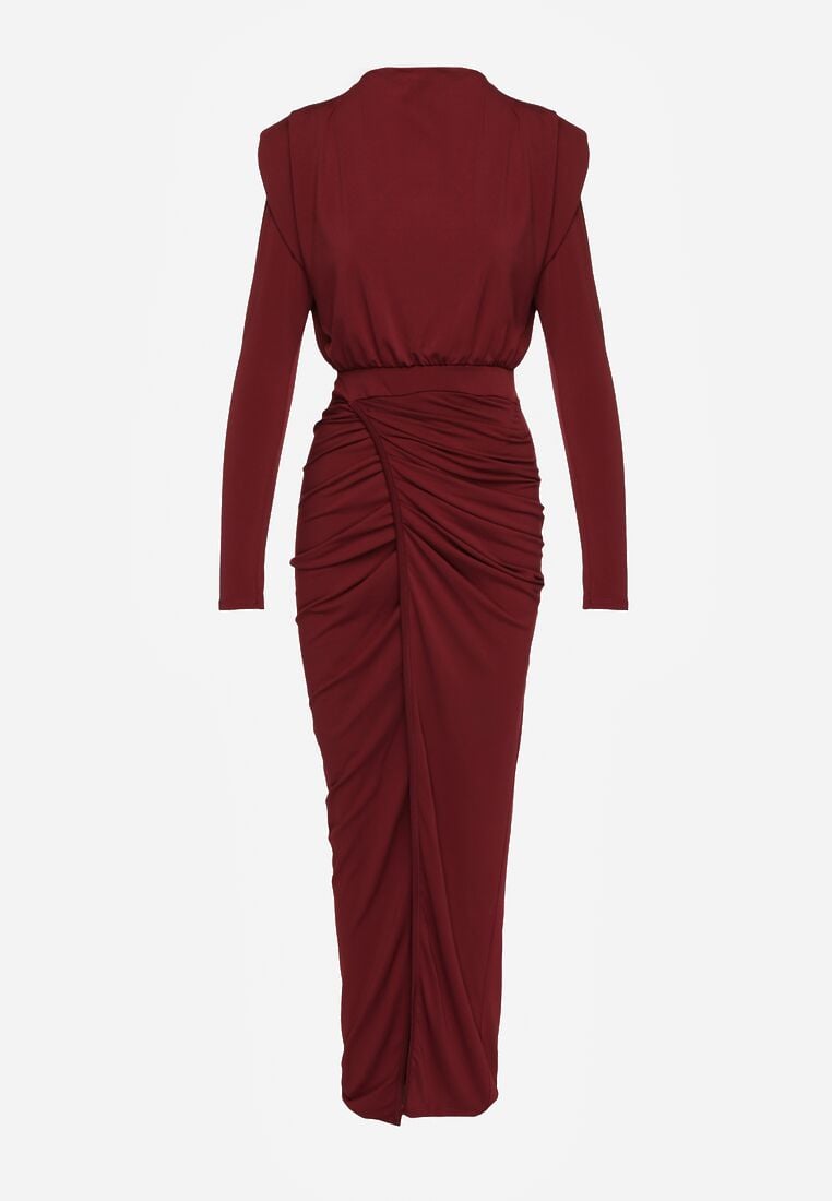 Bordowa Dopasowana Sukienka Koktajlowa Ozdobiona Marszczeniem Besni 6