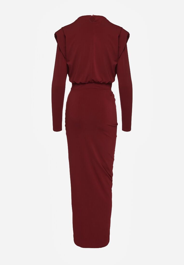Bordowa Dopasowana Sukienka Koktajlowa Ozdobiona Marszczeniem Besni 7