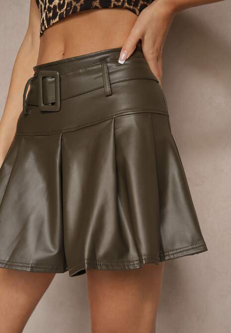 Ciemnozielona Ocieplana Rozkloszowana Spódnica High Waist o Plisowanym Kroju z Ekoskóry z Paskiem Asitha 5