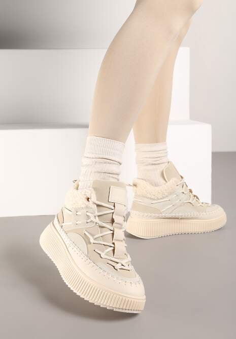 Beżowe Śniegowce Traperki Vices z Futerkiem Typu Baranek i Platformą Terivelle 4