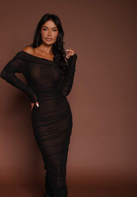 Czarno-Brązowa Siateczkowa Sukienka z Marszczeniami i Odkrytymi Ramionami z Wywiniętym Dekoltem Tinareta 7