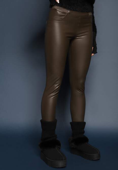 Brązowe Legginsy z Imitacji Skóry High Waist z Ociepleniem Felilith 4