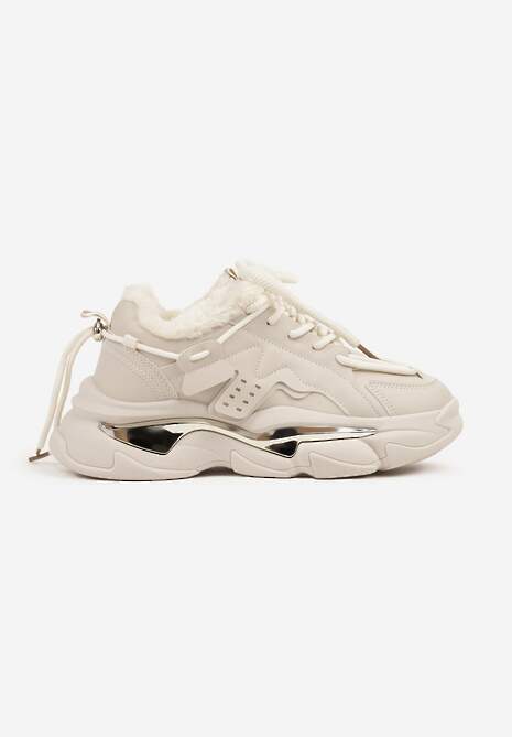 Beżowe Sneakersy na Platformie Ozdobione Metaliczną Aplikacją z Ociepleniem Seliri 4