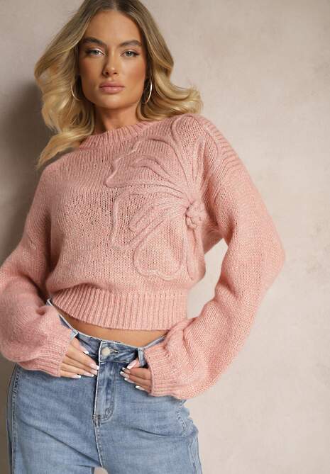 Różowy Sweter z Tłoczonym Kwiatowym Wzorem i Metaliczną Nicią Galori 4