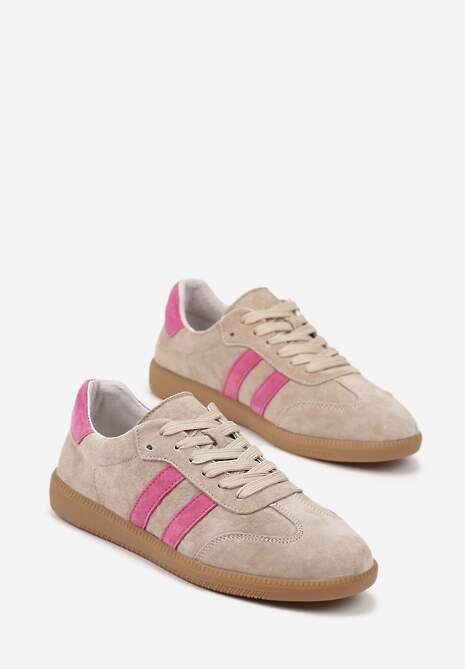 Beżowo-Różowe Płaskie Sneakersy z Wkładką ze Skóry Naturalnej Ozdobione Paskami Neladria 5