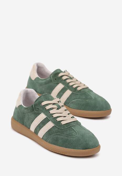 Zielone Płaskie Sneakersy z Wkładką ze Skóry Naturalnej Ozdobione Paskami Neladria 5