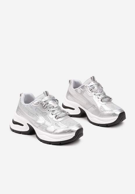 Srebrne Brokatowe Sneakersy w Streetwearowym Stylu na Piankowej Podeszwie Felindris 5