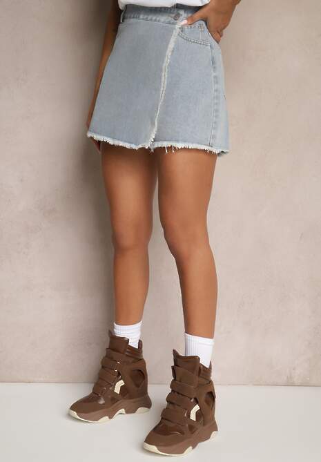 Jasnoniebieskie Bawełniane Jeansowe Spódnico-Spodenki High Waist o Asymetrycznym Kroju Alwiwi 4