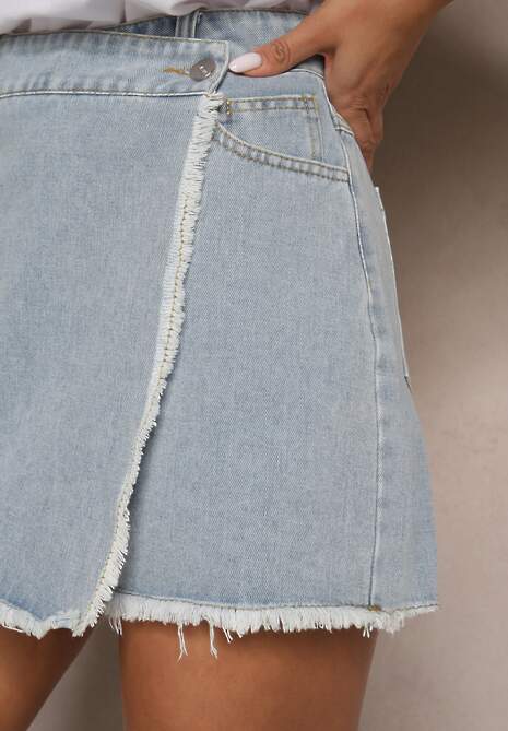 Jasnoniebieskie Bawełniane Jeansowe Spódnico-Spodenki High Waist o Asymetrycznym Kroju Alwiwi 5
