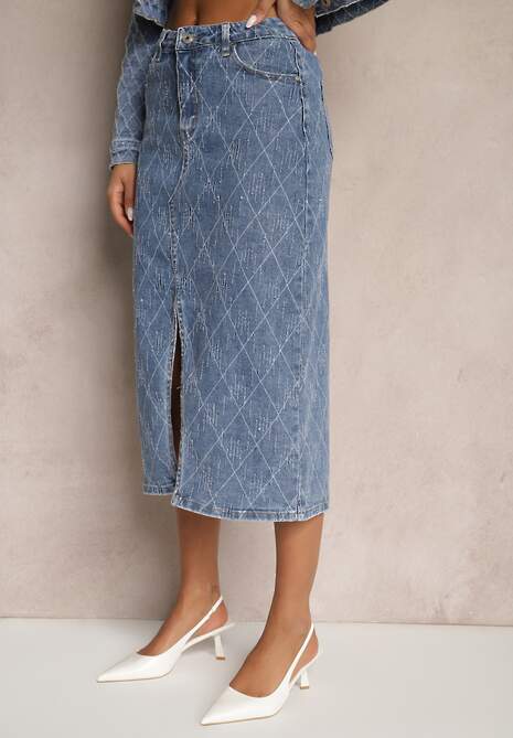 Niebieska Spódnica Jeansowa z Bawełny High Waist Ozdobiona Przetarciami Carithwen 4
