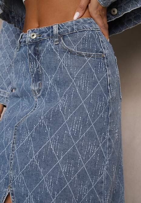 Niebieska Spódnica Jeansowa z Bawełny High Waist Ozdobiona Przetarciami Carithwen 5